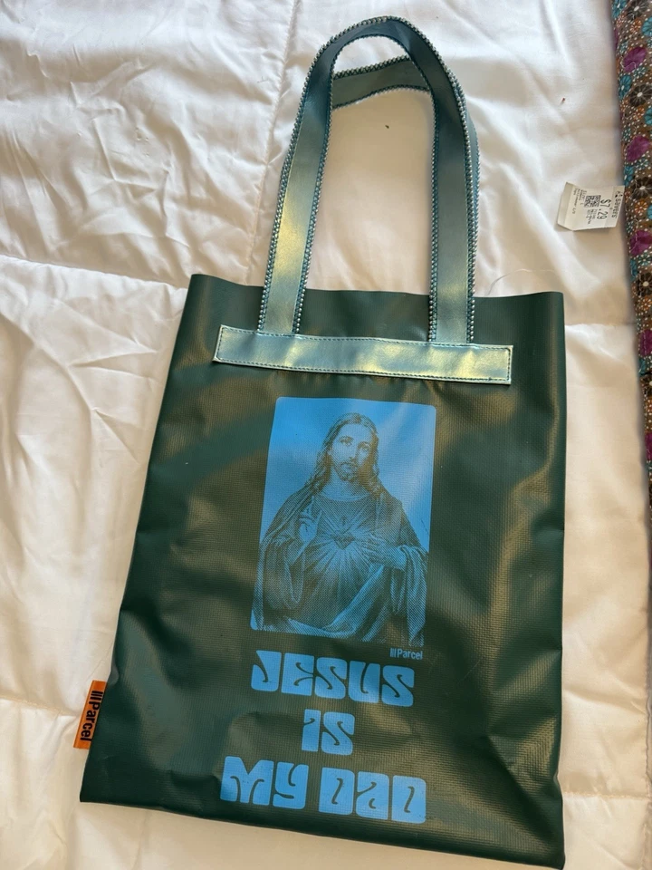 III посылка зеленый синий наплечная сумка с короткими ручками y2k винтажный Иисус мой папа слоган значок - Изображение 4 из 4