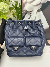 Chanel 23B Drawstring Backpack Blue Calfskin Leather Chain Bag W/Gold Hardware