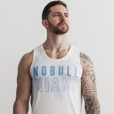 NoBull Men's White Blue Palm Tree Miami Graphic Tank Top Athletic CrossFit S