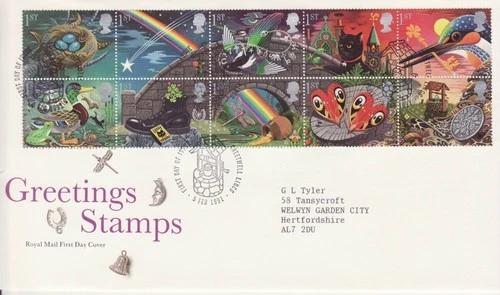 GB Stamps First Day Cover Greetings Good Luck, cat, rainbow, gold, well SHS 1991
