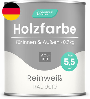 Grundmann Holzfarbe ACL 100 - Holzlack 0,7 Kg Weiss - 4In1 Inkl. Grundierung - S