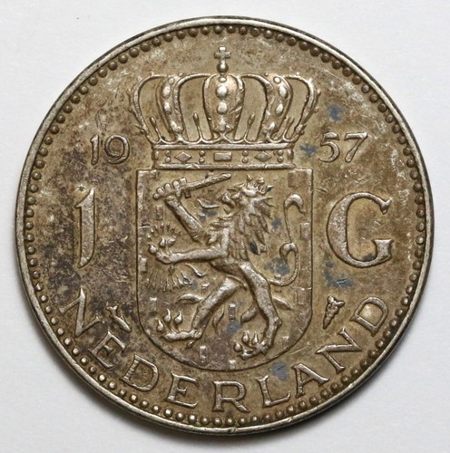 1957 Netherlands 1 Gulden SILVER Coin - Toned - Nice Original Coin - Juliana