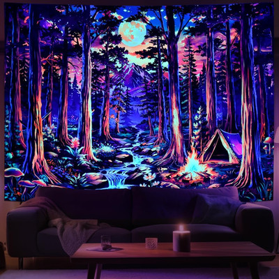 Blacklight Fantasy Forest Tapestry UV Reactive Galaxy Space Moon Tapestry Trippy