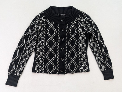 Etcetera Women's Sweater Size L Black White Alpaca Wool Cardigan Classic Art