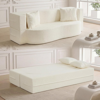 75.5'' Folding Sofa Bed, 2-in-1 Teddy Fleece Loveseat with Pillows, Beige