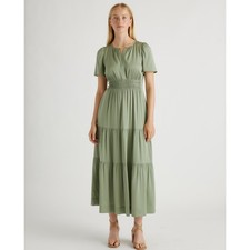New! Quince Washable Stretch Silk Tiered Maxi Dress with Pockets Sz S Moss #76