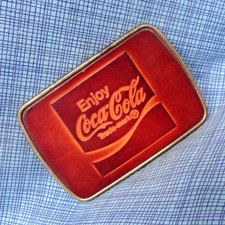 Enjoy Coca Cola Promo Dress Belt Buckle Leather Inlay Advertising Vtg 80s.NOX194
