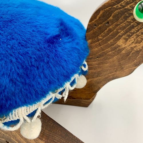 VTG 70’s Turtle Footstool Ottoman MCM Wood Upholstered Pom Pom Trim Blue READ - Picture 3 of 10