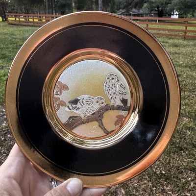 Vintage Chokin Owl Plate Dynasty Gallery Japan Copper Gold Silver Decor