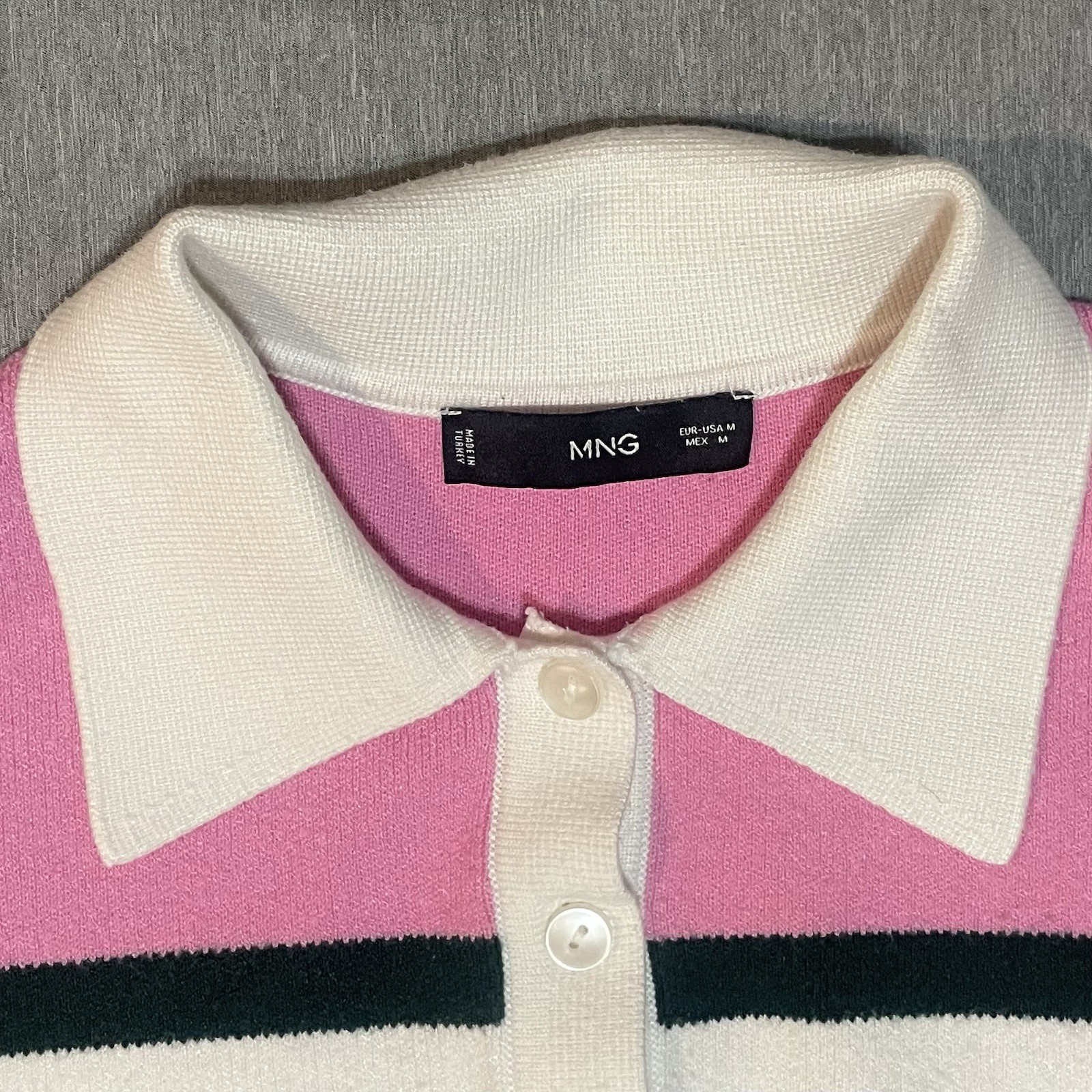 Mango Women’s Medium Striped Polo Neck Sweater Pink Green White Knit Top thumbnail 4