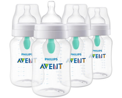 Anti-Colic Baby Bottle with Airfree Vent, 9Oz, with Flow 2 Nipples, 1M+, 4Pk, Cl