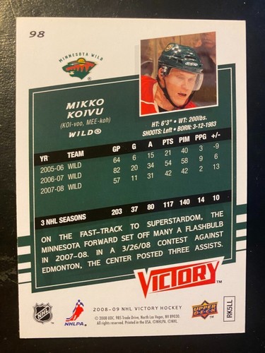 Mikko Koivu 2008-09 NHL Victory Hockey #98 Minnesota Wild - Picture 2 of 2