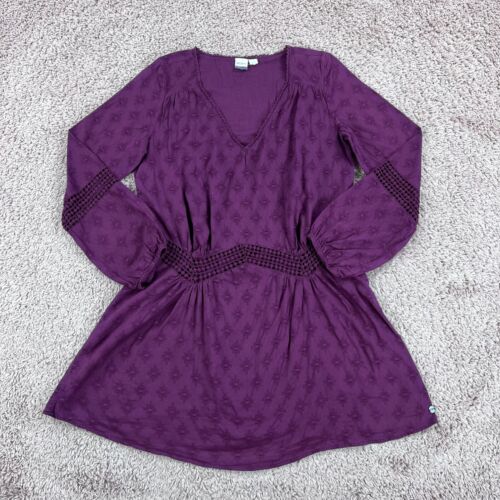 ROXY Plum Purple Long Puff-Sleeve V-Neck A-Line Dress Women L Crochet Embroidery