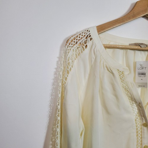 Blusa LOFT Para Mujer Marfil Campesino Ojales Recortados Mangas Largas Talla M Nueva con Defecto - Imagen 3 de 12