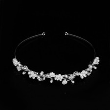 Bridal Tiara Headband Silver Rhinestone Mini Pearl Floral Design