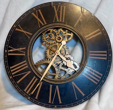 Wood Wall Roman Numerals Clock Gears Black Gold Decor Engineer 15” Round 1 3/4”H