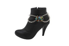 Women Silver Metal Boot Chain Bracelet Shoe Multicolor Beads Charm Disco 80's