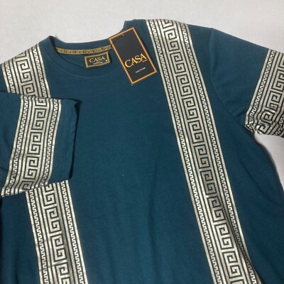 NWT Casa Moda T-shirt Green w/ Gold Greek Key Pattern Men's Size Med Msrp $48