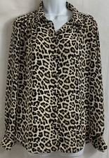 H M Size M Brown Black Leopard Print Button Blouse Long Cuffed Sleeve Collared