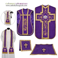 Violet Roman Chasuble Fiddleback Vestment and Mass set, Pelican embroidery