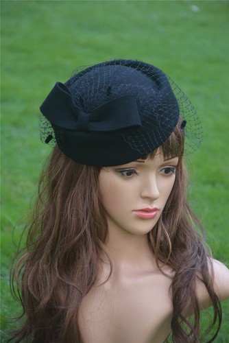 Womens Dress Fascinator Wool Felt Pillbox Hat Party Wedding Bow Veil A080 - Picture 19 of 33