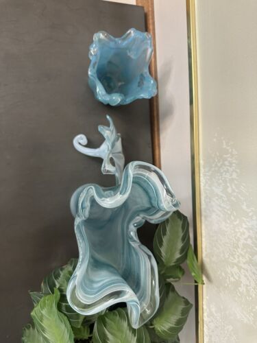 Blue Swirl Murano Glass Lot Vase Flower Swirl Bowl Set Of 3 - Picture 4 of 10