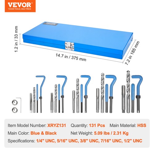 VEVOR 131 PCS Helicoil Thread Repair Kit SAE Tool 1/4 5/16 3/8 7/16 1/2 in UNC - Picture 7 of 12