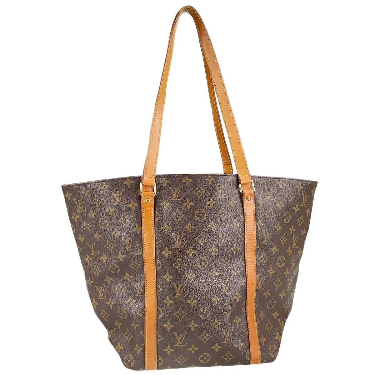 Louis Vuitton Monogram Sac Shopping Leather Fabric Brown Tote bag Authentic