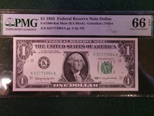 1963 $1 Federal Reserve Note, Fr #1900-Km "MULE" PMG 66 EPQ Gem Unc.