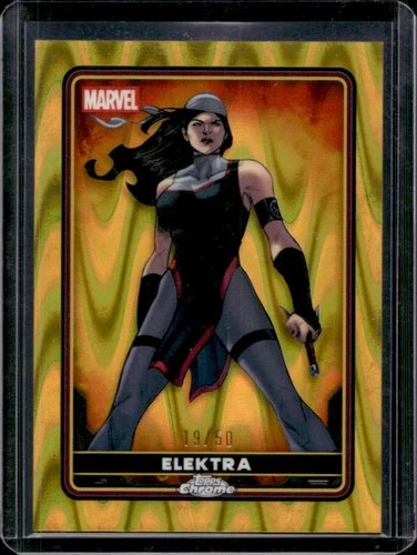 2025 Topps Chrome Deadpool Elektra Comic Accurate Gold Lava Refractor #/50