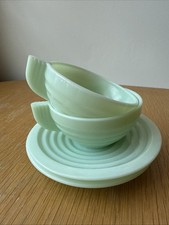 Vintage French Deco Green Milk Glass Cup & Saucer x 2 Opaline Jadeite Lovely