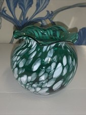 Studio Art Glass Bulbous Vase Teal Turquoise Blue White Hand Blown Ruffled Rim