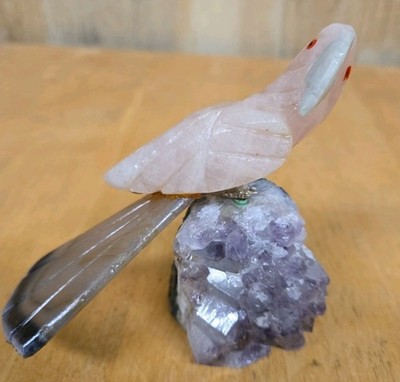Hand Carved Pink Purple Quartz Macaw Parrot in Crystal Base Natural Stone Bird