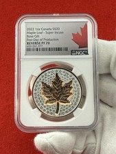 2022 1oz Canada Super Incuse Rose Gilt Maple Leaf Reverse PF70 First Day Issue