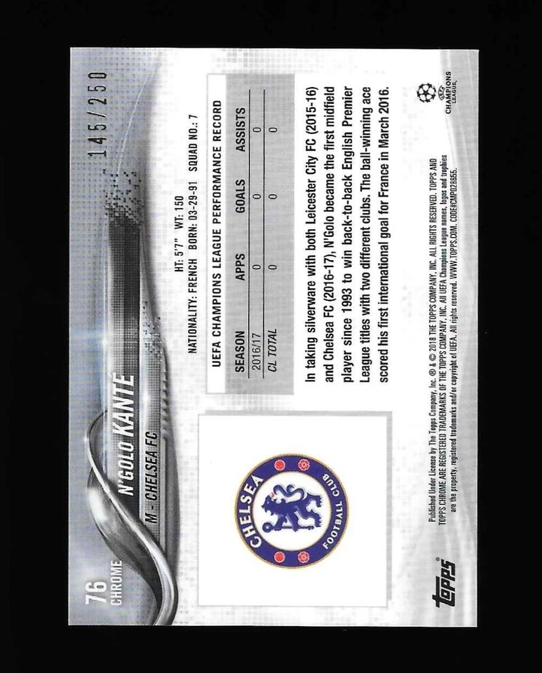 2017 Topps Chrome UCL N'Golo Kante Chelsea Purple Refractor Card /250 - Image 3 of 3