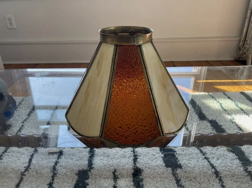 Vintage Stained Glass Lamp Shade Amber White Copper Ring Tiffany Style 7.5x10.5