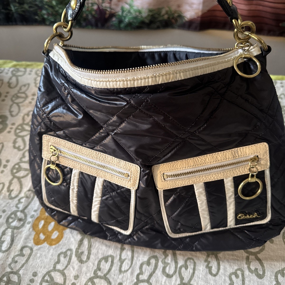 Coach 15872 Poppy Ski Bunny Shoulder Bag Black Nylon Patent