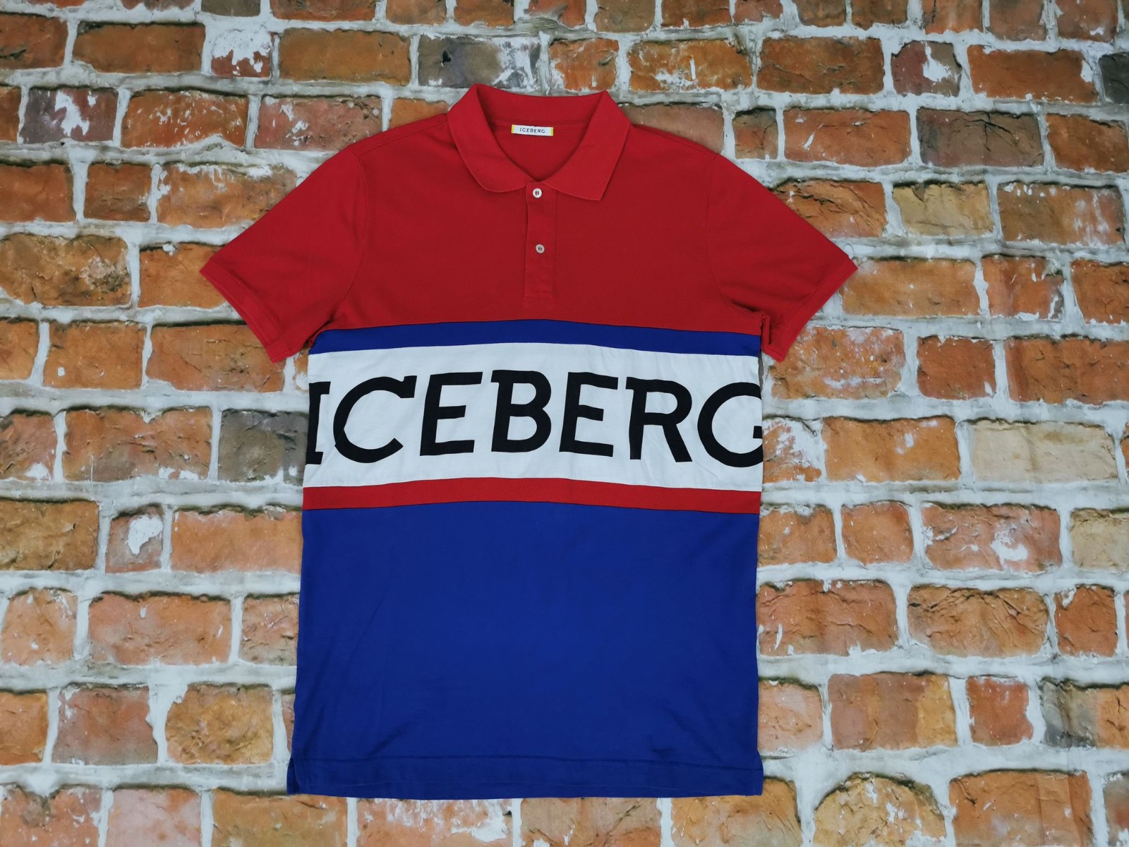 Iceberg Since 1974 Vintage Polo Shirt Blue White Red Knit Long Sleeve, Size L