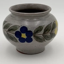 Shicali El Salvador Handcrafted Stoneware Round Planter Colorful Flowers Signed