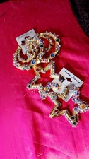 Gold Crystal Hoop  Star Earrings with Multicolor Gems, Celestial Theme