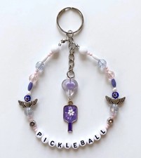 Handmade Beaded Pickleball Keychain Bag Charm Purple Paddle Floral Gift 5.5 Inch