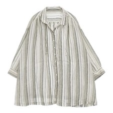 nest Robe Linen striped long shirt 01241-1038 Blouse White green 6-0329M  