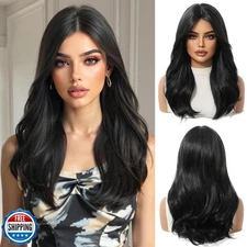 OUFEI Black Wig for Women with Curtain Bangs Natural Straight Curly Synthetic