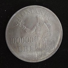 1946 ROMANIA 100,000 LEI COIN { SILVER } LARGE