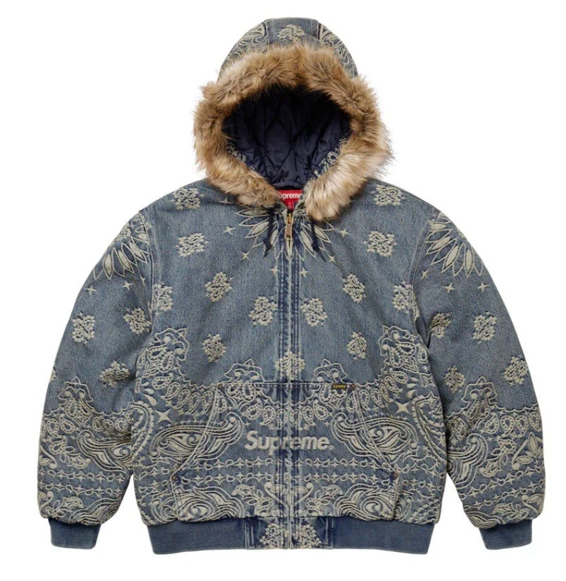 Veste de travail à capuche Supreme Bandana jacquard denim bleu taille M en main expédiée maintenant