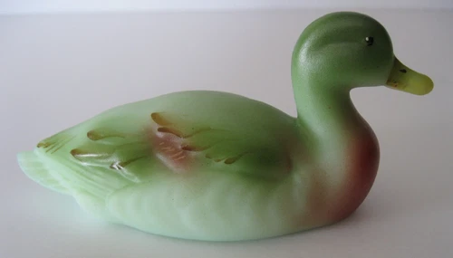 Fenton Art Glass Mallard Duck Jadeite Figurine ~ Handpainted Signed P. Lauderman