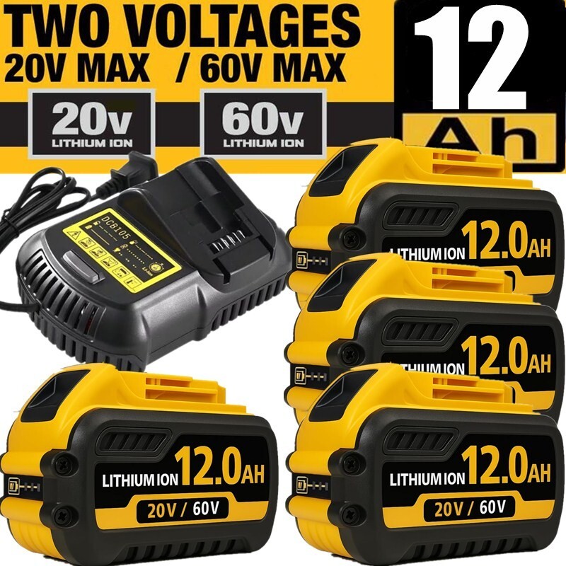 2-Pack 20V/60V MAX 12.0Ah Battery & Charger Compatible with Dewalt DCB606 DCB612 DCB609