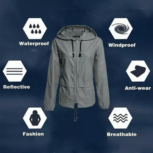 Unisex Adult Waterproof Rain Jacket Zip Up Hooded Lightweight Windbreaker Coat - Picture 7 of 17