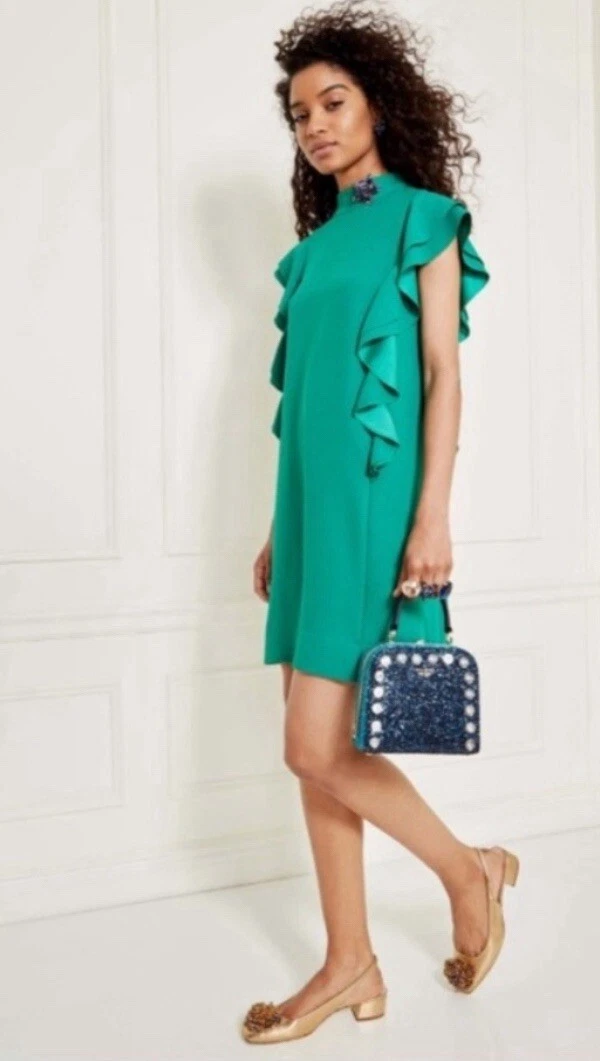 Abito a tubino Kate Spade verde smeraldo raso crepe manica svasata taglia 00 $398