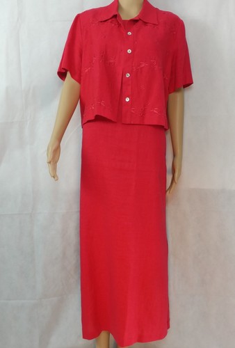 John Roberts Dress & Blouse Set Sz 12 Red 100% Linen Embroidered Short Sleeves - Picture 2 of 11